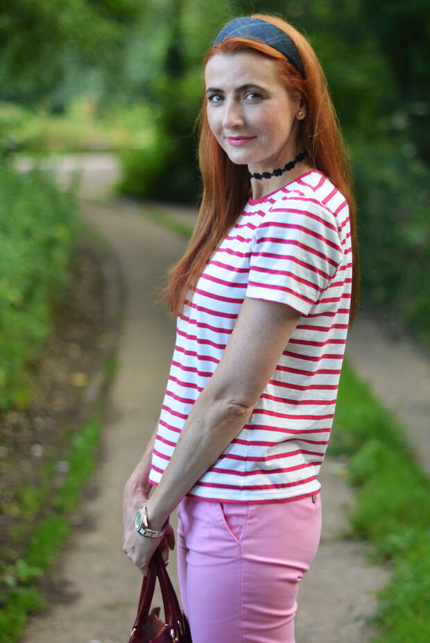 Red striped Breton t-shirt, pink chinos