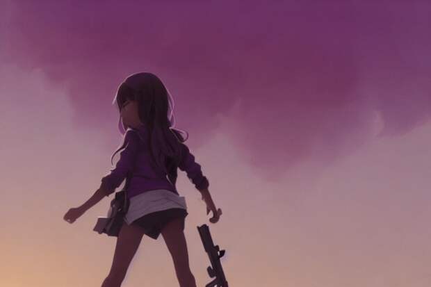 Сервис Playground AI для создания картинок. Девушка с фиолетовыми глазами стоит на поле и держит ружье по версии Playground AI. Сервис Playground AI для создания картинок. Девушка с фиолетовыми глазами стоит на поле и держит ружье по версии Playground AI. Фото.