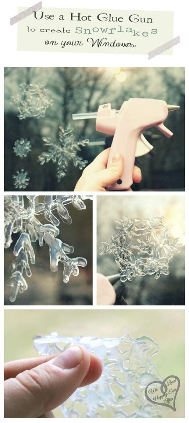 Use a hot glue gun to make snowflakes on your windows!: 