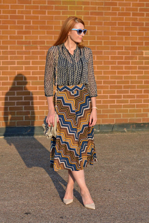 Pattern mixing | Sheer vintage blouse, chevron midi skirt