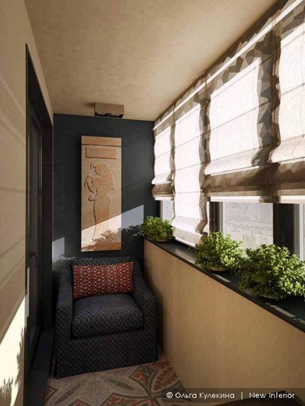 Переделка лоджии в жилое помещение, настенный радиатор в лоджии, декор в египетском стиле