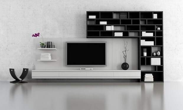 Черно-белый интерьер, черная мебель, белая мебель