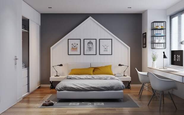 Спальная комната, оформленная в холодных тонах, которые помогут подчеркнуть минималистское настроение в помещении.