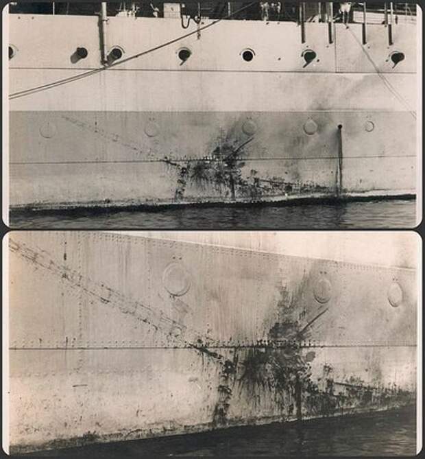 2. Борт тяжелого крейсера HMS Sussex с отпечатком, оставшимся после попадания японского камикадзе на Ki-51 Вторая, война, мирова, фото