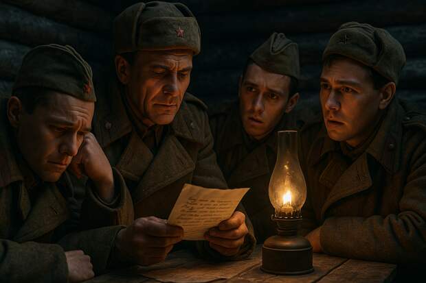 Зима 1943 года, Сталинградский фронт. В землянке тускло горит керосиновая лампа, стены из промёрзших брёвен. Несколько советских солдат сидят тесно друг к другу, в шинелях, усталые. Один читает листок со стихами вполголоса: “Жди меня, и я вернусь…
