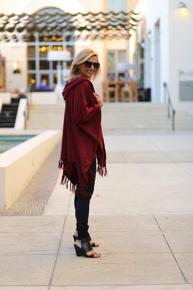 Jacket-Society-Merlot Hooded Poncho With Fringe-9725