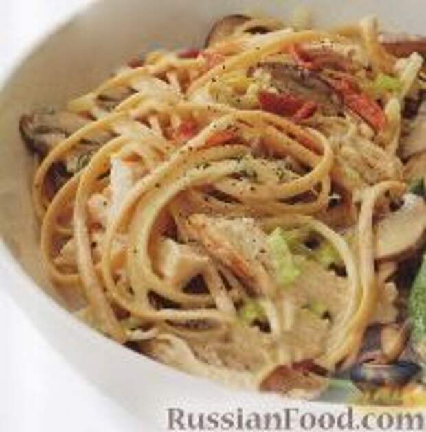 Фото к рецепту: Макароны с индейкой и шампиньонами