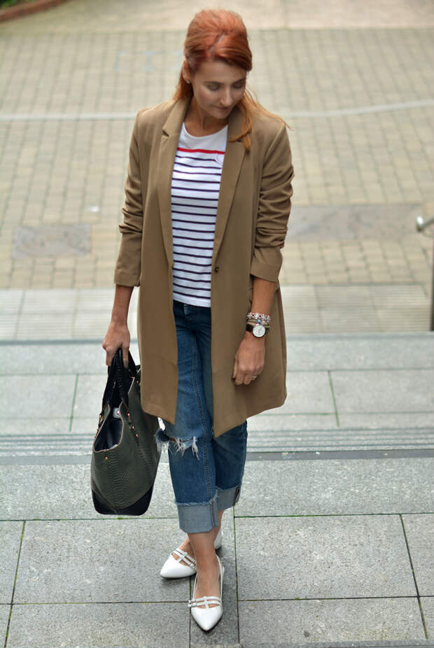 Preppy style | Longline camel blazer, Breton top, pointed white flats