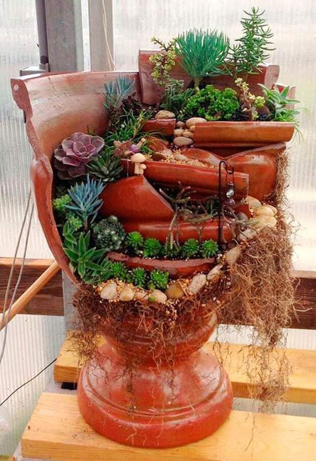 Миниатюрные сады в разбитых горшках (подборка, Diy)