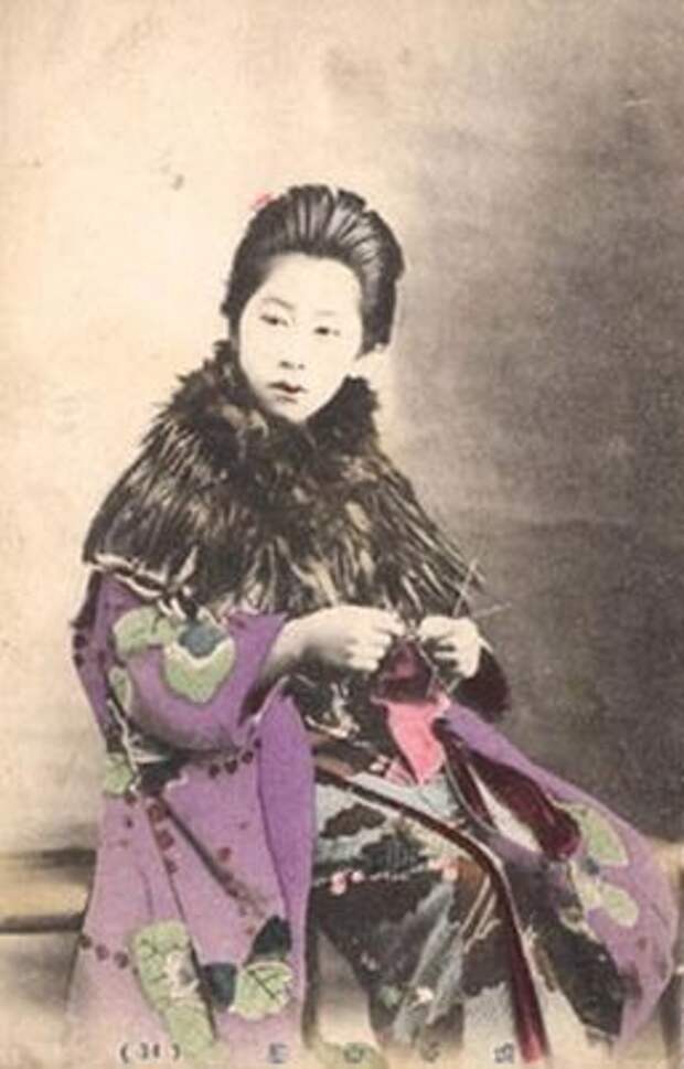 Japanese woman knitting, circa 1895
