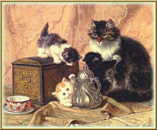 КОШКИ В ЖИВОПИСИ, КОШАЧЬЕ СЕМЕЙСТВО, РАСПИСНОЙ СУНДУЧОК, КАРТИНКА
