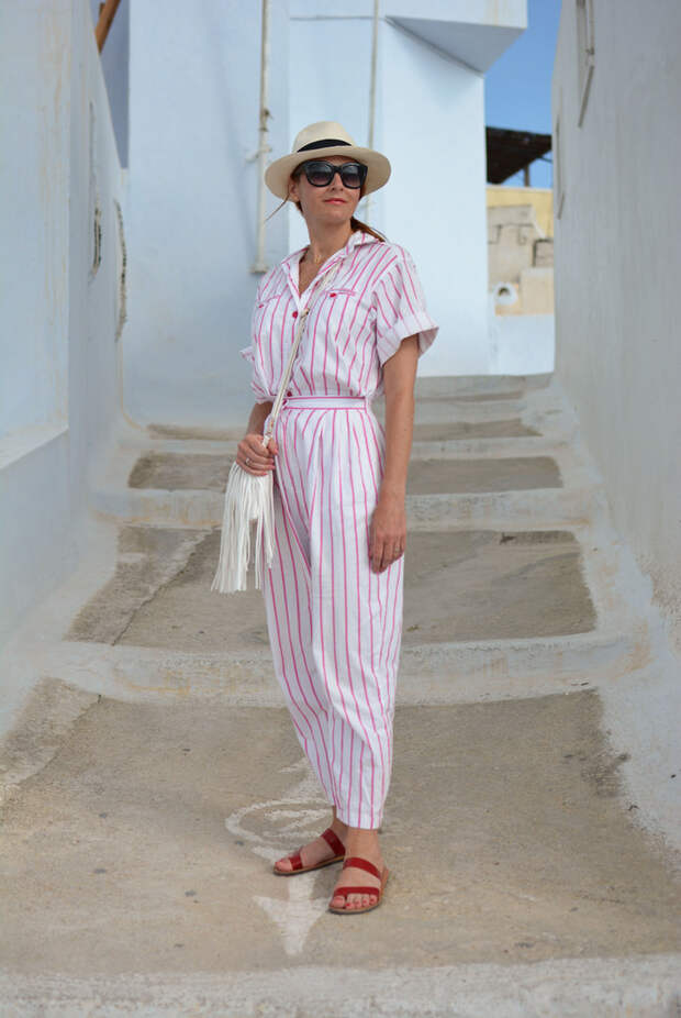 Vintage DVF pink and white striped jumpsuit | Location: Santorini