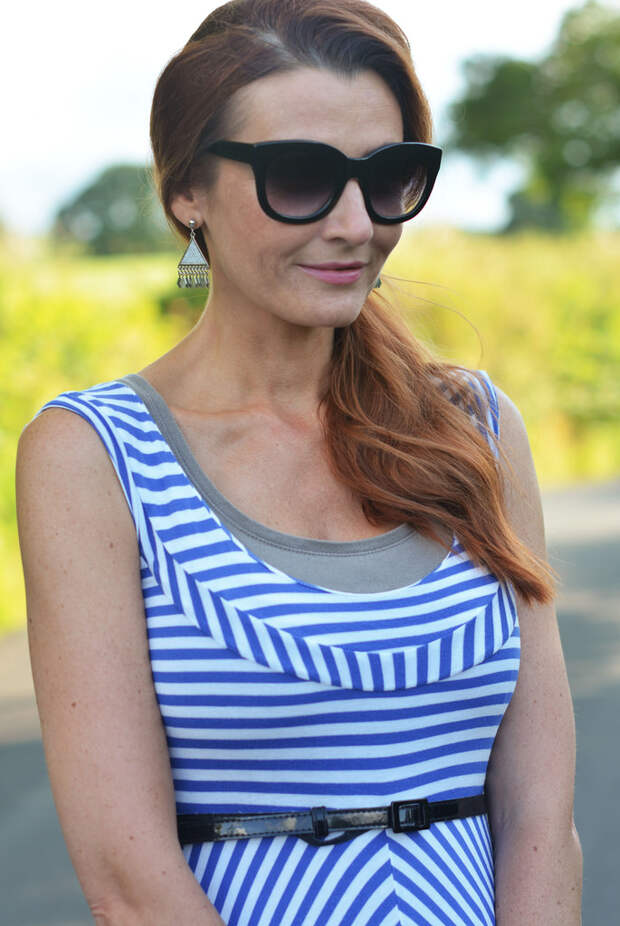 Blue and white striped midi dress, black belt