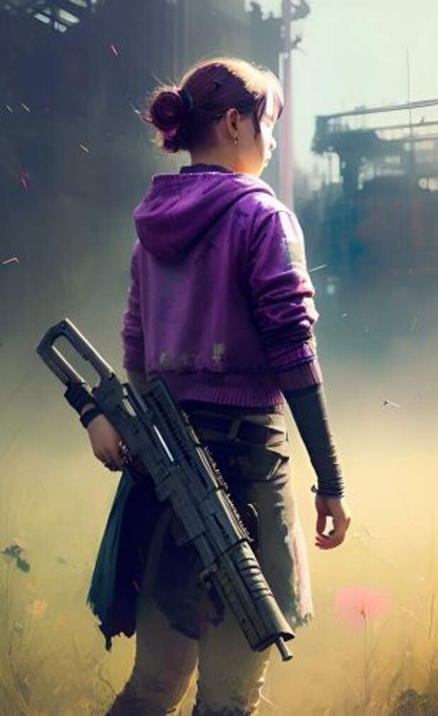 Нейросеть Dream by WOMBO. Девушка с фиолетовыми глазами стоит на поле и держит ружье по версии нейросети Dream. Нейросеть Dream by WOMBO. Девушка с фиолетовыми глазами стоит на поле и держит ружье по версии нейросети Dream. Фото.