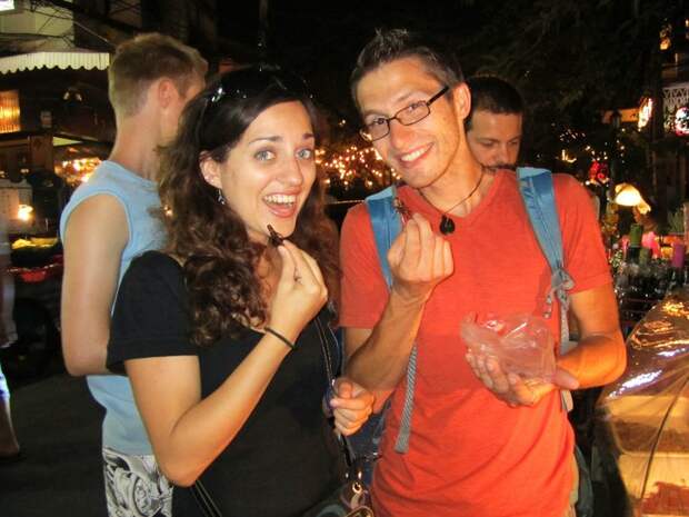 Kate and Matt Eating Insects in Thailand