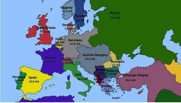 Карта Европы к 1914 году с указанием численности населения каждой страны. Видно, что уступавшая Германии почти в 2 раза по количеству жителей Франция вряд ли имела большие шансы победить в будущей войне, сражаясь в одиночку. Каким же облегчением был для нее союз со 170-ти миллионной Россией…
