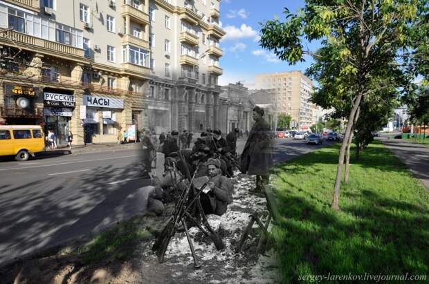 Москва 1941-2013 Ленинградский проспект,10. Бойцы народного ополчения перед выходом на рубежи обороны столицы. Moscow. 1941-2013 Leningradskiy Prospect. Fighters of people"s volunteer corps before going on the lines of defense of the capital.