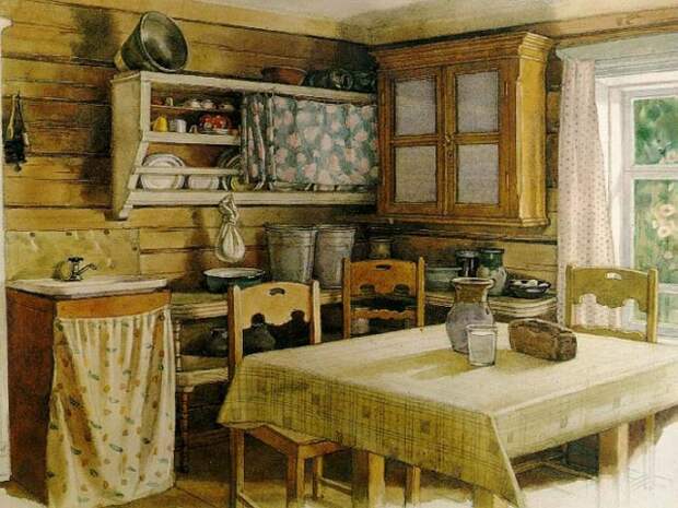 Основополагающим элементом русского стиля на кухне являются деревянные стены