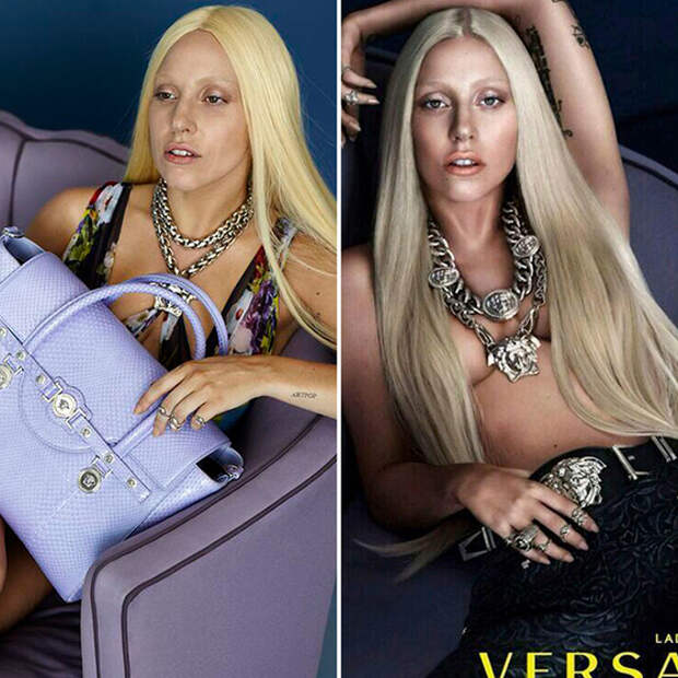 Кадры из рекламной кампании марки Versace с участием Леди Гаги до обработки и после