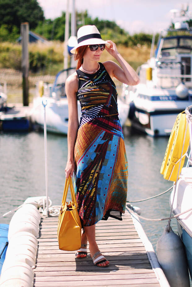 Tribal print maxi dress & Panama hat