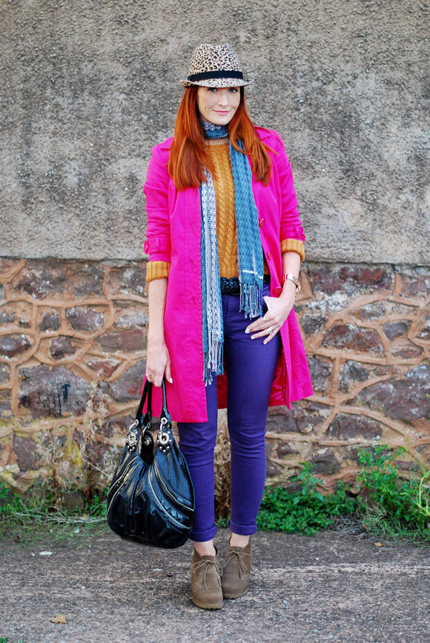 Hot pink trench coat, purple skinnies & orange sweater