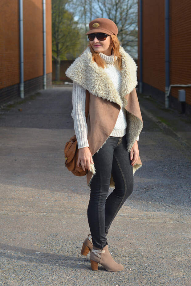 Shearling/suede gilet, vintage 60s hat