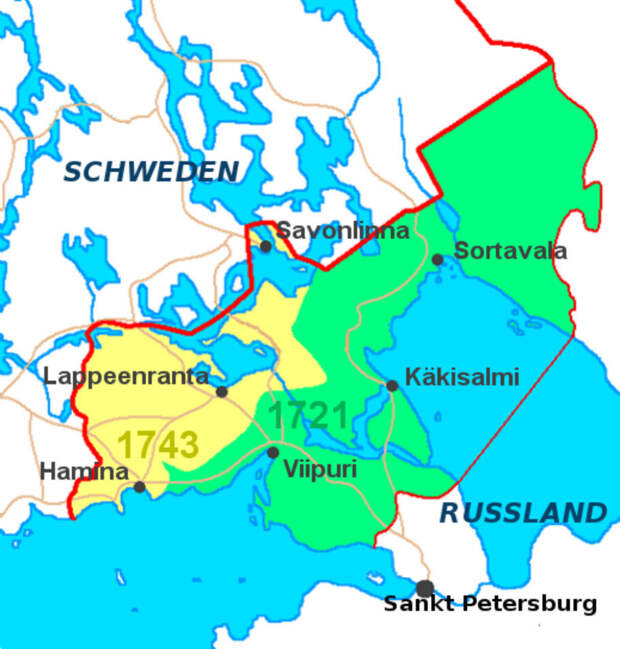 Территории Финляндии, вошедшие в состав России в 1721 и 1743 годах / Janneman / commons.wikimedia.org