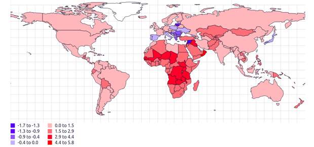 Рост населения стран мира в процентах (синий цвет означает убыль населения) в 2015 году демография, карта, карты, статистика, статистические карты, страны, страны мира