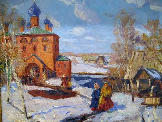 1910-е Зима. Пейзаж с красной церковью. - Юон Константин Федорович