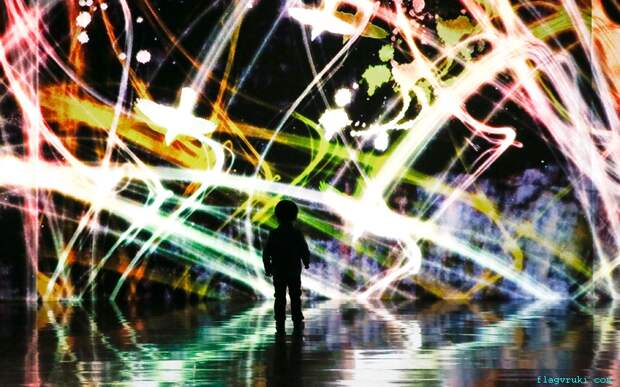 Японский коллектив цифровых художников «teamLab» создали цифровую арт-инсталляцию под названием «Свет в темноте» во время специальной выставки «Шок!