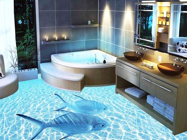 Оригинальный пол в ванной с применением 3D-технологий.