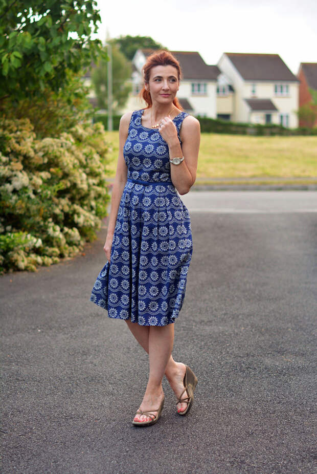 Navy floral vintage-style fit-and-flare dress