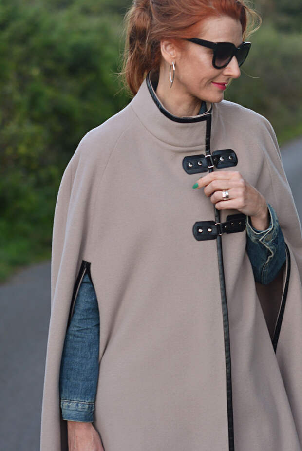 Taupe wool cape with denim jacket