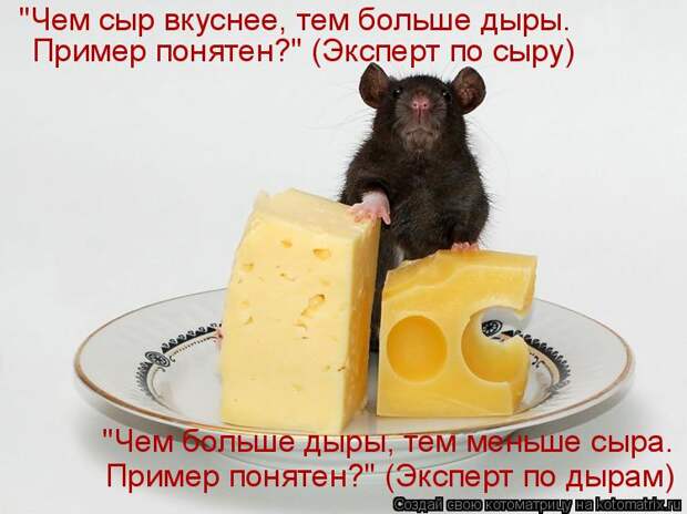 Котоматрица: "Чем сыр вкуснее, тем больше дыры. Пример понятен?" (Эксперт по сыру) "Чем больше дыры, тем меньше сыра. Пример понятен?" (Эксперт по дырам)