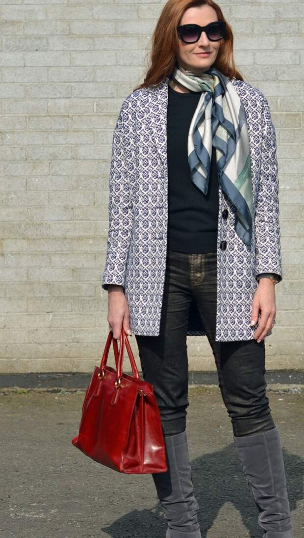 Blue tapestry coat, red tote, grey boots, silk scarf