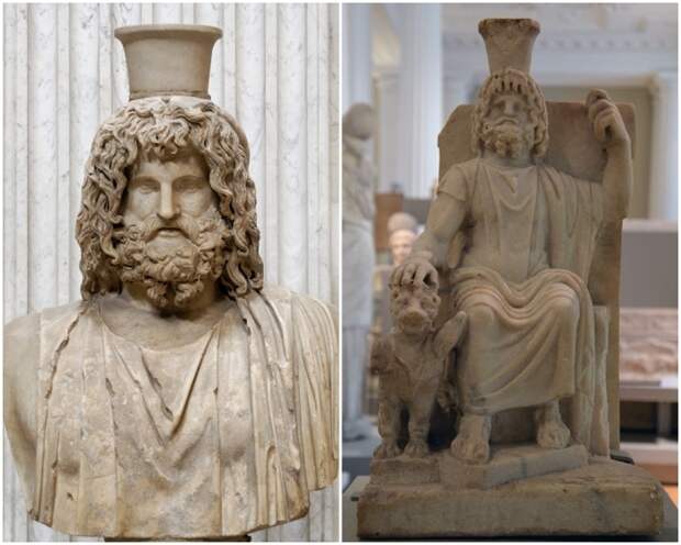 Слева направо: Бюст Сераписа, римская копия греческого оригинала из Александрийского Серапеума, II век н.э. \ Мраморная статуя Сераписа, сидящего на троне и опирающегося одной рукой на Цербера, трехглавого пса, охранявшего Подземный мир, около 100-200 гг. н.э.