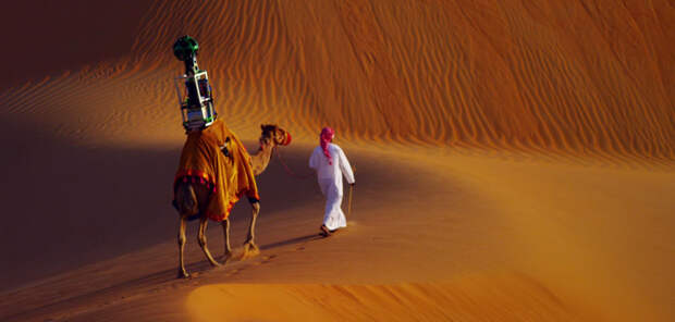 3. Верблюд с установленной на нём камерой Google Street View снимает панорамы пустыни. наш мир, удивительные фотографии
