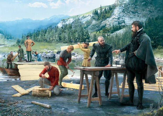 Рабочие трудятся над понтонным мостом, который станет частью "испанской дороги", 1567 год. Художник: Jarek Nocon