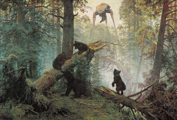 Фотошоп в сосновом лесу Шишкин, животные, культура, фотошоп, юмор