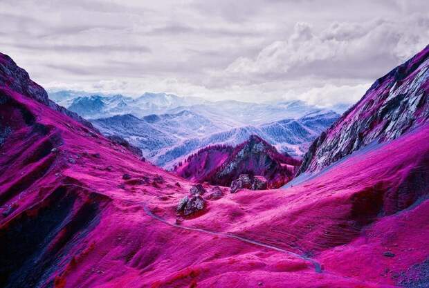Инфракрасная съемка превратила Альпы в фантастический розово-фиолетовый мир
