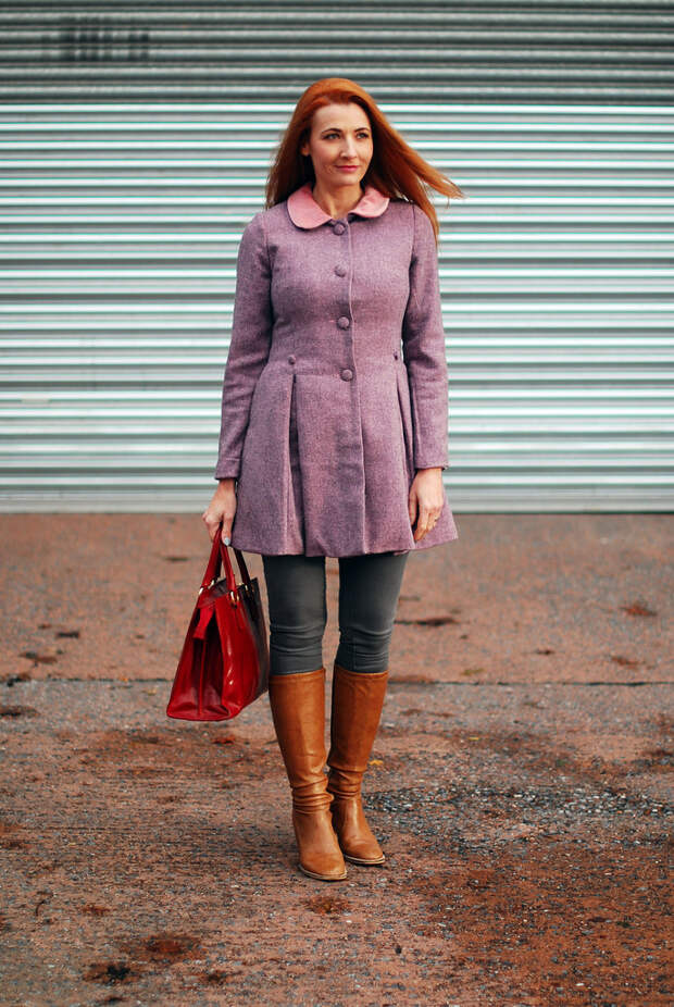Autumn/Winter style: Peter Pan collar lavender coat, tan boots, red bag