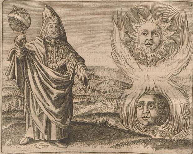 На гравюре изображен Гермес Трисмегист рядом с Солнцем, Луной и другими астрологическими символами