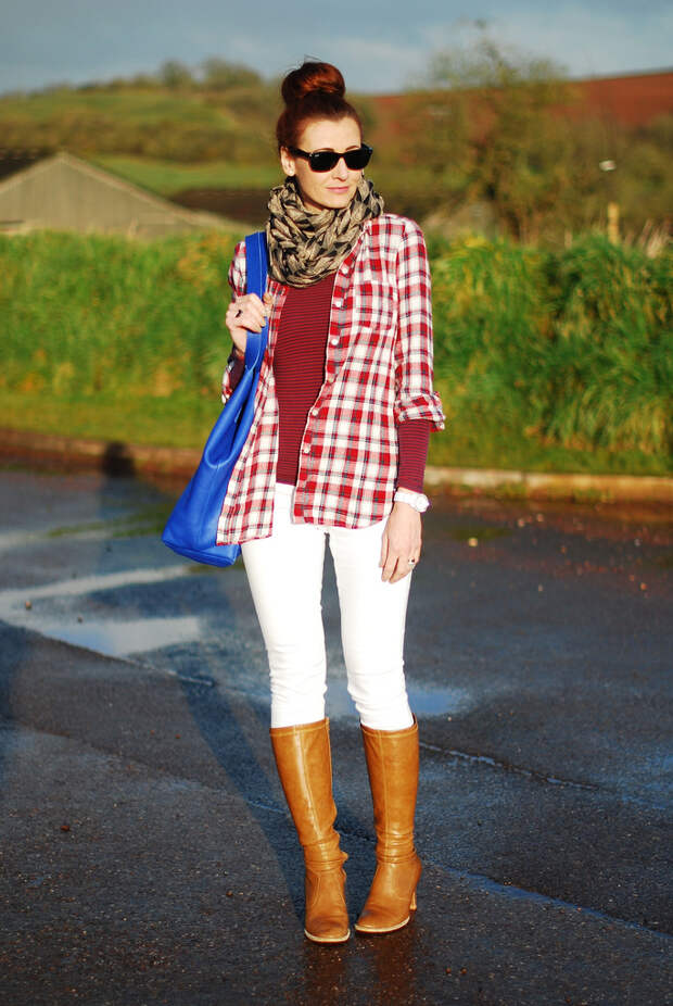 White jeans & tan boots with plaid
