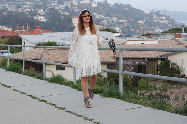 Lace dress heels and clutch outfit style by the beach