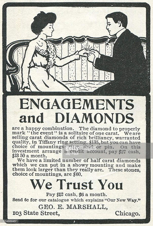 Реклама бриллиантовых обручальных колец George E. Marshall, Чикаго, Иллинойс, 1901. америка, история, реклама