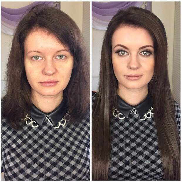 девушки до и после макияжа
