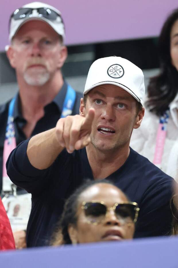 Former NFL quarterback Tom Brady looks on during a Men's Quarterfinal match between Team United States and Team Brazil on day ten of the Olympic Games Paris 2024 at Paris Arena on August 05, 2024 in Paris, France. 