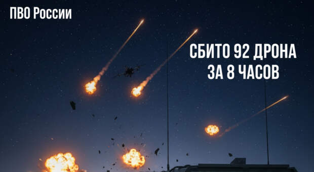 ПВО России сбило 92 дрона за восемь часов