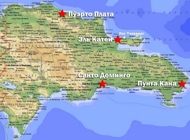 Карта Доминиканской Республики. Доминикана на карте мира расположена между Кубой и Пуэрто Рико