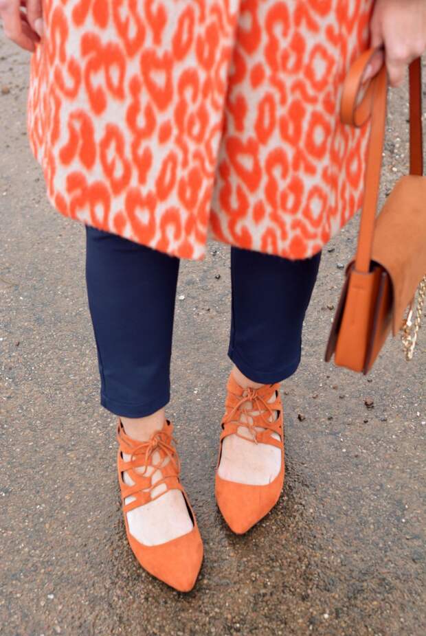 Orange animal print coat, navy trousers, orange lace-up flats| Not Dressed As Lamb